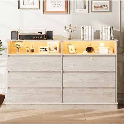 6 Drawer Dresser for Bedroom with Power Outlet, Modern Double Dresser with LED Lights, Wide Dresser Organizer with Open Shelf Storage for Closet