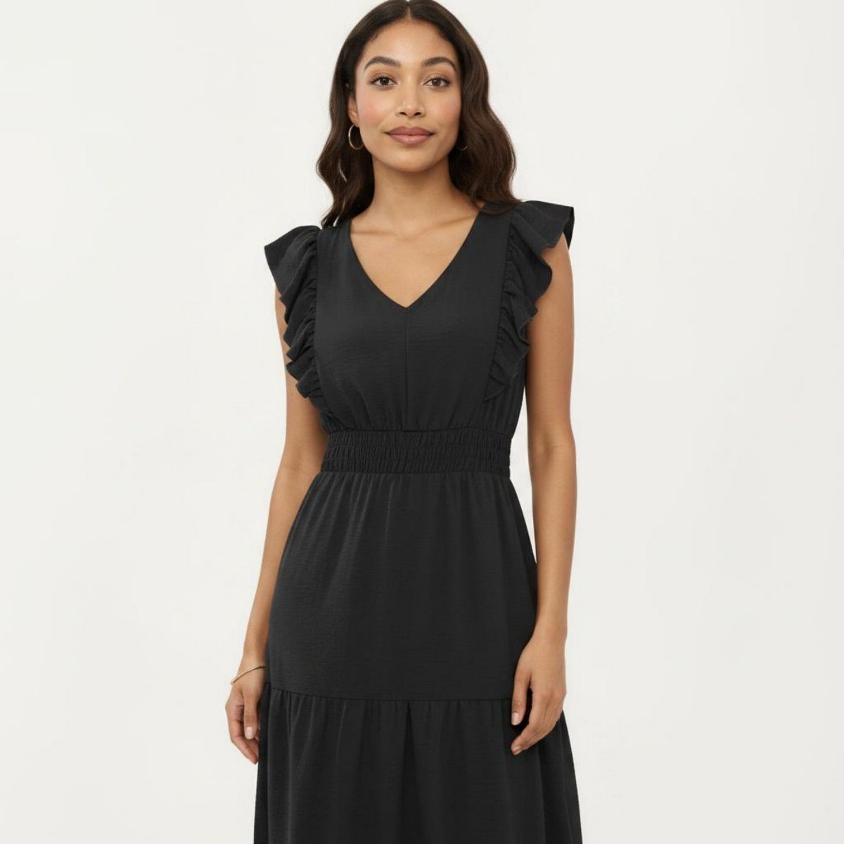 Женские платья Anna-Kaci Women's Tiered Midi Dress with Ruffle Sleeves and Smocked Waist - Small, Black — фото 4