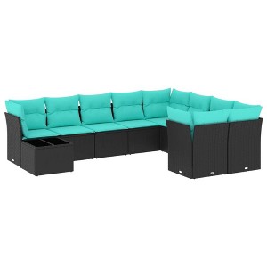vidaXL 10 Piece Patio Sofa Set with Cushions Black and Blue Poly Rattan - 1 of 4