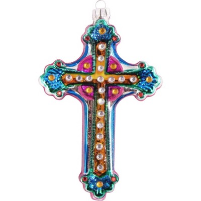 Christmas by Krebs 5" Blue and Pink Beaded Cross Christmas Ornament