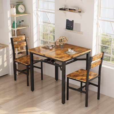 Hooseng 3-Piece Square Bar Table and Chairs Set, Space Saving Dining Set with Storage Rack, Small Kitchen Table Set with Wooden Top and Metal Frame