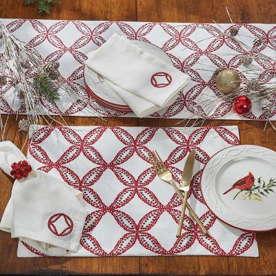 Festive Red and Cream Cotton Linen Embroidered Napkin Set