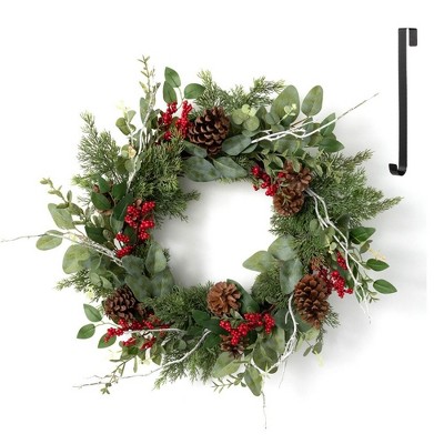 Sullivans Artifical Pine and Berry Wreath and Hanger Set 24"H Wreath 14"H Hanger, Green and Black