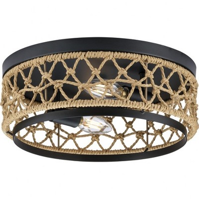 Progress Lighting Chandra 2-Light Flush Mount, Matte Black, Handwoven Geometrical Shade