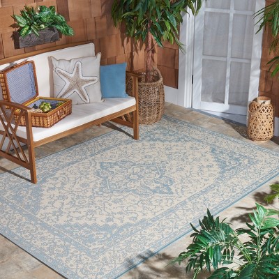 Cream and Aqua Medallion Synthetic Indoor/Outdoor Rug, 3' x 5'