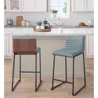Green Upholstered Walnut Wood and Metal Counter Stools, Set of 2