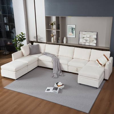 GustoWave Chenille Modular Sectional Couch, Velvet Sleeper Sofa with with Storage & Washable Covers for Living Room, Beige