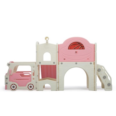 Infurnic Baby Activity Gyms 9-in-1 Kids Slide Playset, Bus-Themed Freestanding Castle, PE and PP Materials, Multicolored, 37.21"*14.18"*21.26"