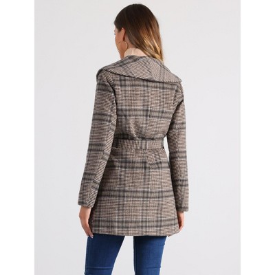 INSPIRE CHIC Women's Shawl Collar Check Belted Wrap Plaid Coat with Pockets Khaki Houndstooth Large — фото 4