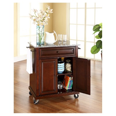 Compact Granite Top Mahogany Kitchen Cart with Ample Storage