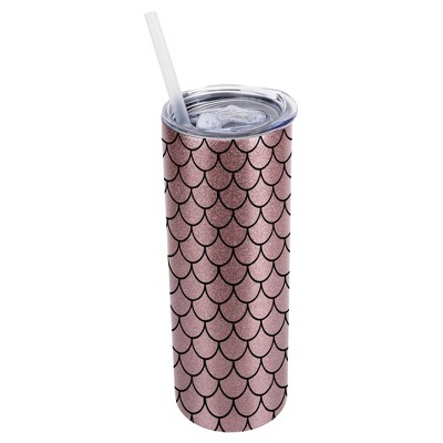 Elanze Designs Bubblegum Pink 20 Ounce Double Wall Stainless Steel Glitter Travel Tumbler With Sliding Lid And Straw, Mermaid Scales