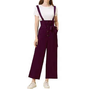 Allegra K Women's High Waist Wide Leg Belted Button Long Overalls Jumpsuit - 1 of 4