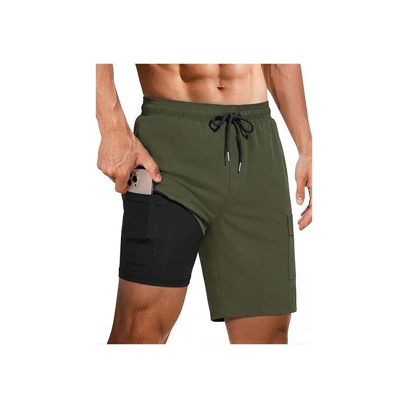 Ekouaer Mens Swim Trunks with Compression Liner 2 in 1 Board Shorts 9 Inch Quick Dry Bathing Suit Swimsuit with Pockets Army Green S