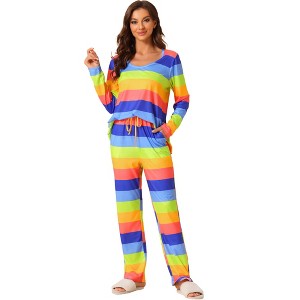 cheibear Women's Cotton Rainbow-Stripe Long Sleeves Lounge with Pants Pajama Set - 1 of 4