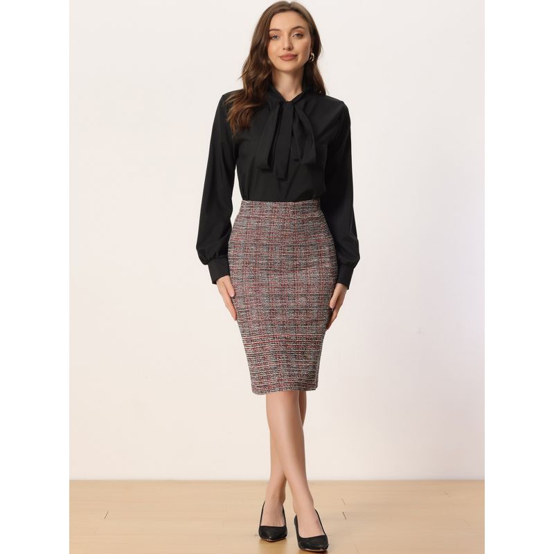 Allegra K Women's Plaid Tweed High Waist Split Office Pencil Skirt, 4 of 6