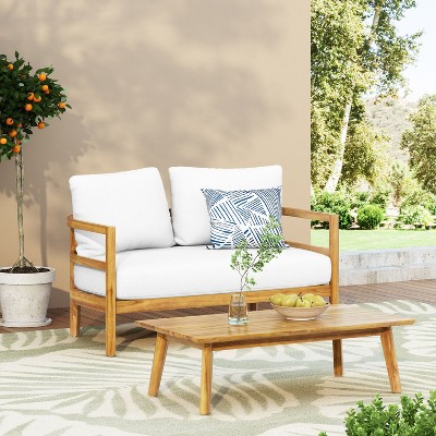 Sapphtopaz Outdoor Patio Furniture Set Acacia Wood Conversation Sofa with Cushions Wooden Rectangular Coffee Table for Garden, Terrace