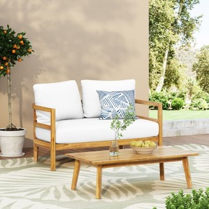 Sapphtopaz Outdoor Patio Furniture Set Acacia Wood Conversation Sofa with Cushions Wooden Rectangular Coffee Table for Garden, Terrace - 1 of 4