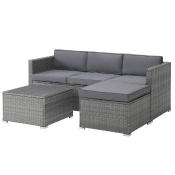 Patio Furniture Set – 3-Piece Rattan Outdoor Sofa, Ottoman, and Table Combo for Deck, Pool, Sunroom or Backyard Furniture by Lavish Home (Gray/Blue)