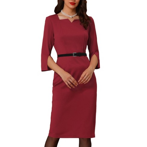 Allegra K Women's Elegant Vintage 3/4 Sleeve Split Cuff Wedding Guest  Cocktail Bodycon Dresses with Belt Red Small