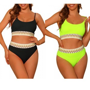 Elerevyo Women's High Waisted Ribbed Adjustable Spaghetti Straps Push Up Swimsuit Bathing Suits 2 Sets - 1 of 4