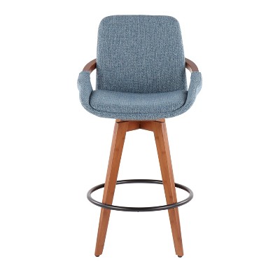 Walnut and Blue Mid-Century Modern Swivel Counter Stool