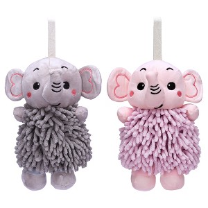 REGALWOVEN 2 Packs Soft Absorbent Chenille Cute Cartoon Elephant Hand Towel with Hanging Loop 7" x 11" - 1 of 4