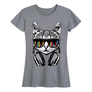 Women's - Instant Message - Headphones Cat, Equalizer Glasses Short Sleeve Graphic T-Shirt - 1 of 4