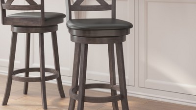 Gray Wash Walnut Crossback Swivel Bar Stool with Faux Leather Seat