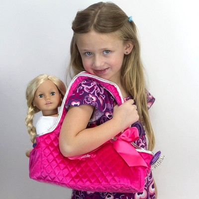 Hot Pink Quilted Velour Doll Carrier with Silver Trim and Satin Bow