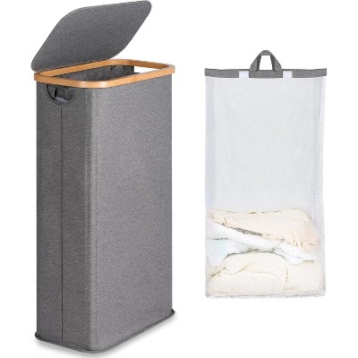 Laundry Basket with Lid, Narrow Laundry Hamper with Removable Bag, Skinny Dirty Clothes Basket with Bamboo Handles