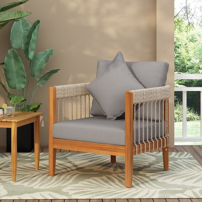 Outdoor Club Chair, Acacia Wood Frame with Handwoven Rope and Removable Cushions, Boho Patio Seating for Porch or Garden - Coolbibila