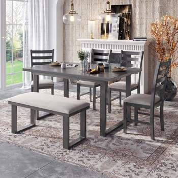 6-Piece Rustic Wood Dining Table Set with Chairs and Bench,Gray-ModernLuxe