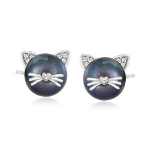 Ross-Simons 8-8.5mm Black Cultured Pearl Cat Earrings With Diamonds in Sterling Silver - 1 of 4