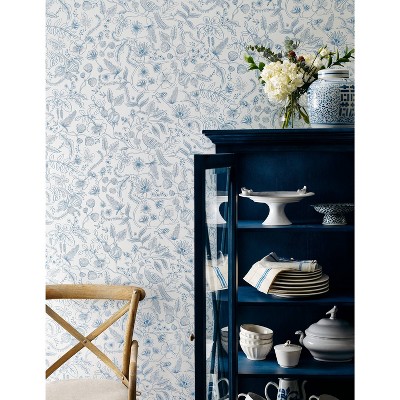 Blue and Cream Floral Botanical Peel and Stick Wallpaper Roll