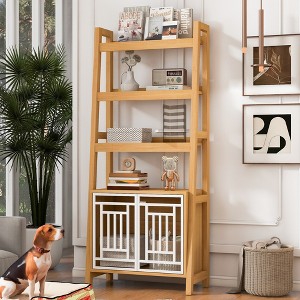 2 in 1 Ladder Bookshelf Dog Furniture Dog Crate Tall Wood Display Shelf Dog Kennel Bookcase Storage Rack - ModernLuxe - 1 of 4