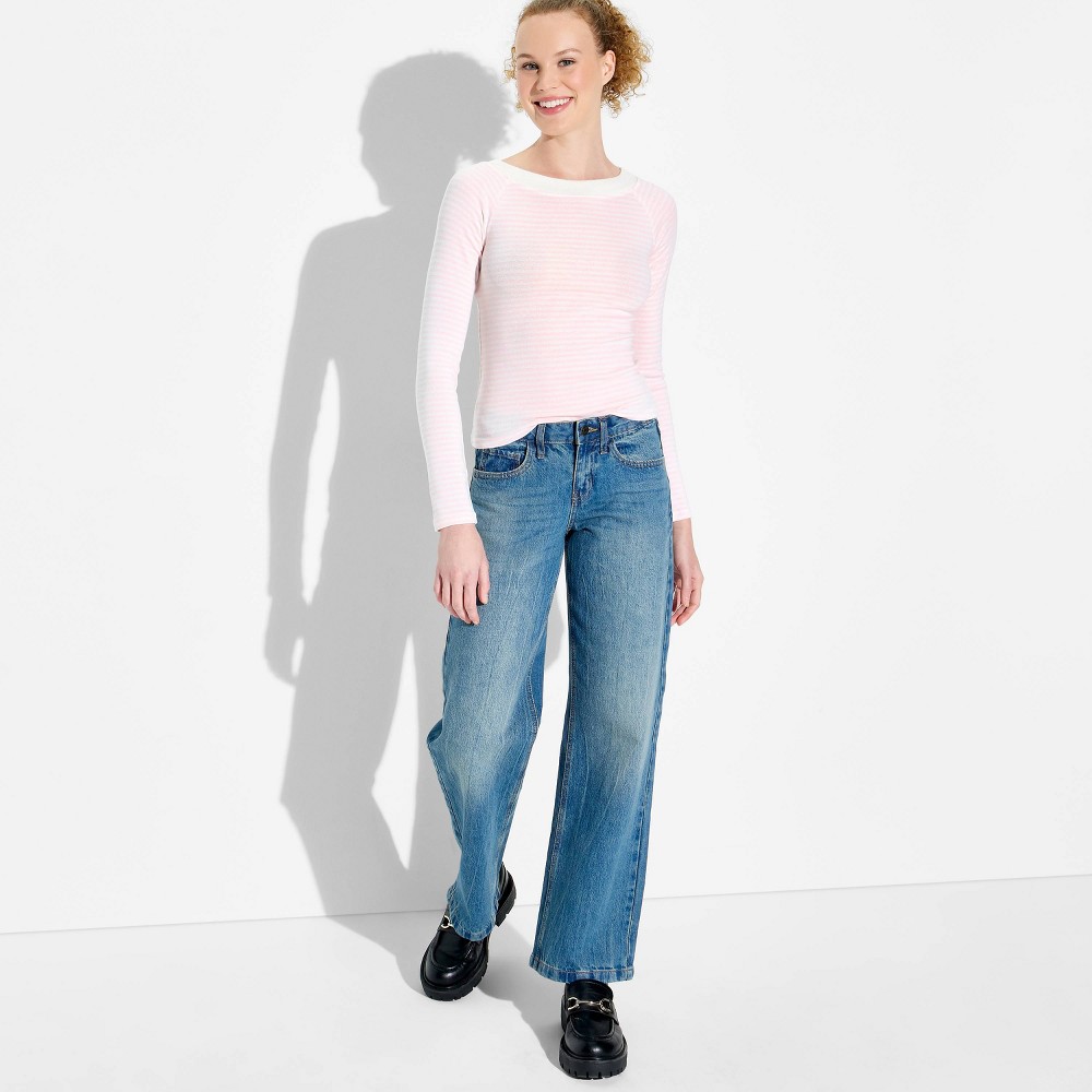 Women's Slim Fit Long Sleeve Boat Neck Ribbed T-Shirt - Wild Fable™ Light Pink Striped S