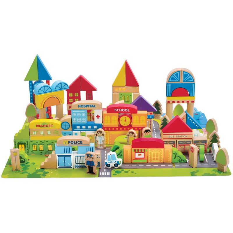 Hape City Building Blocks Colored Wooden Playset with Playscape, Market, Hospital, Bus Station, and Townspeople, for Ages 3 and Up, 145 Piece Set, 1 of 7