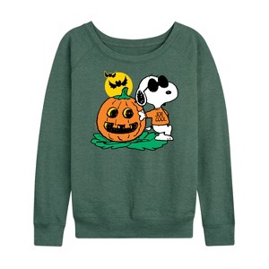 Women's - Peanuts - Snoopy Joe Cool Halloween Pumpkin Lightweight French Terry Wide Neck Long Sleeve Shirt - 1 of 4