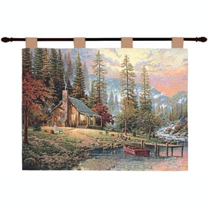 Manual Woodworkers and Weavers A Peaceful Retreat Wall Hanging, 36x26 Inches, Woven Cotton Nature Tapestry with Forest Cabin and Lake Scene - 1 of 3