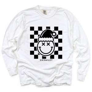 S.W.Smiley Checkered Christmas Wink - Women's Garment Dyed Long Sleeve Graphic T-Shirt - 1 of 4