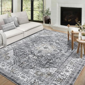 Acekool 9x12 Washable Area Rug, Soft Non-Slip Oriental Medallion Carpet, No Shedding Large Floor Mat for Living Room Bedroom Dining Room, Grey - 1 of 4