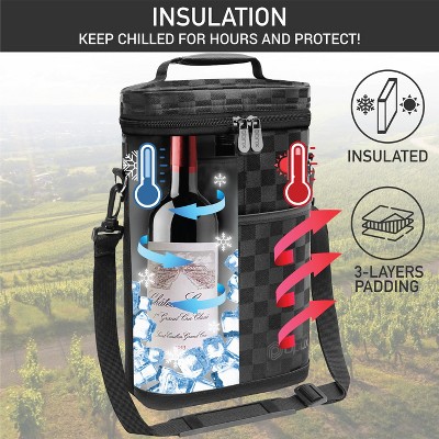 Checkered Black Insulated 2 Bottle Wine Carrier Tote