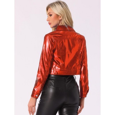 INSPIRE CHIC Women's Spread Collar Biker Holographic Button-Down Cropped Jackets Medium Red — фото 3