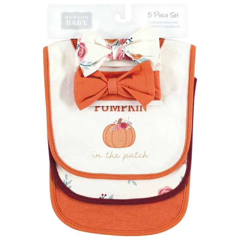 Hudson Baby Infant Girl Cotton Bib and Headband or Caps Set, Pink Cutest Pumpkin, One Size, 2 of 6