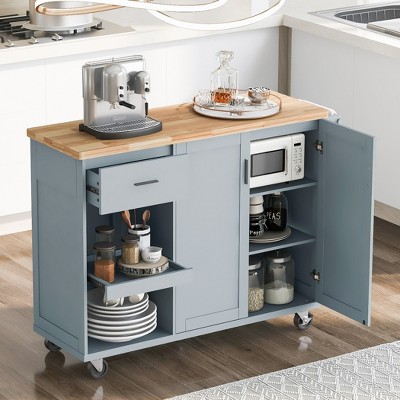 Rolling Kitchen Island, with Spice Rack, Towel Rack, Open Side Racks, Power Outlet and Storage Drawers, Multiple Design Styles and Color Combinations