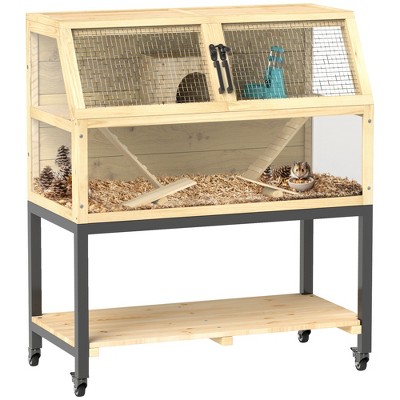 PawHut Hamster Cage on Wheels with Storage Shelf, Seesaws, Water Bottle, Hut & Ramps, for Dwarf, Gerbil, Syrian Hamster, Mouse, 34"L x 17"W x 40"H