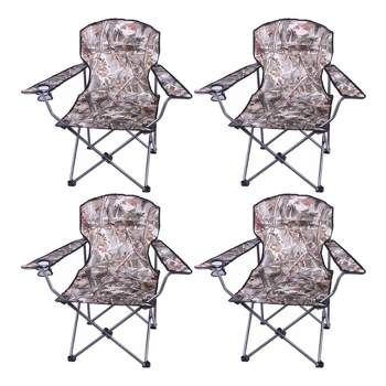 Four Seasons Courtyard Oversized 225 Pound Capacity Portable Folding Chair with Steel Frame, Back Support, Armrests, and Cup Holder, Camo (4 Pack)