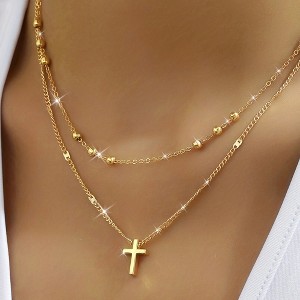 HTUTWOO Layered Cross Pendant Necklace, Gold Ball Chain Clavicle Chain, Stackable Hypoallergenic, Delicate Jewelry Gift for Women - 1 of 4