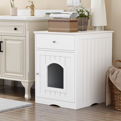 VisioGear Wooden Pet House, Cat Litter Box Enclosure with Drawer, Side Table, Indoor Pet Crate, Cat Home Nightstand, White, 18.9"*20.9"*25"