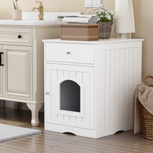 VisioGear Wooden Pet House, Cat Litter Box Enclosure with Drawer, Side Table, Indoor Pet Crate, Cat Home Nightstand, White, 18.9"*20.9"*25" - 1 of 4